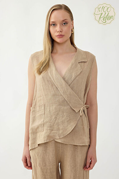 Vitrin 100% Linen Double-Breasted Collared Tie-Back Blouse