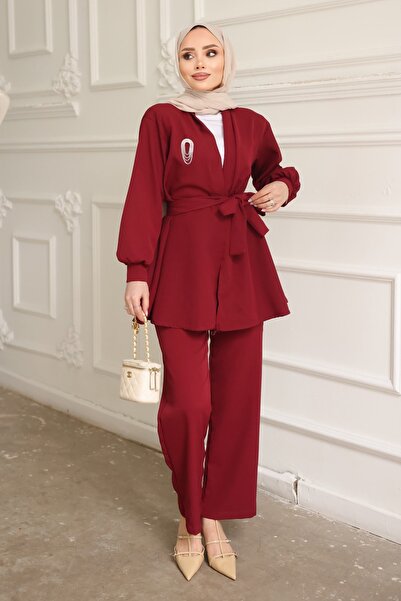 İmajButik Bordo Yaka Bronş Detaylı Tunik Pantolonlu Takım