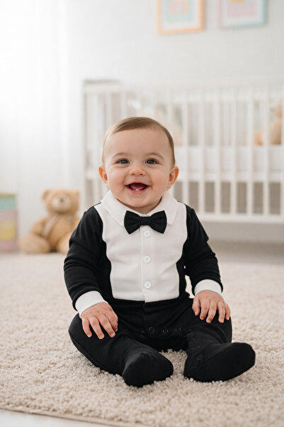genybaby Erkek Bebek Siyah Smokin Tulum - Papyonlu Özel Gün Kıyafeti (0-12 Ay)