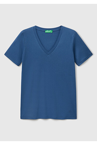 United Colors of Benetton Γυναικείο Τζιν μπλουζάκι με λαιμόκοψη V από 100% Βα...