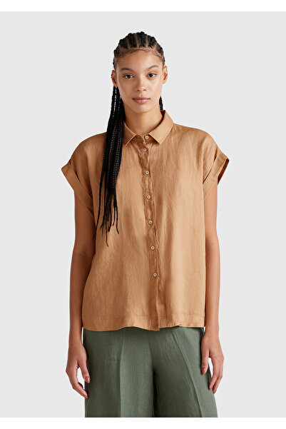 United Colors of Benetton Woman's beige 100% linen shoulder detailed short sl...