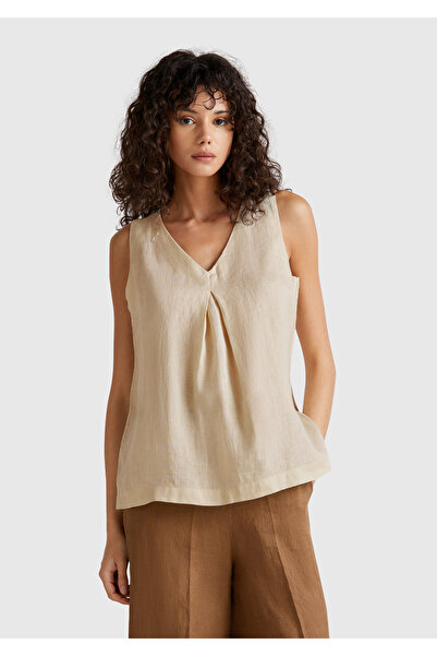 United Colors of Benetton Kadın Taş Rengi %100 Keten V Yaka Kolsuz Geniş Kesi...