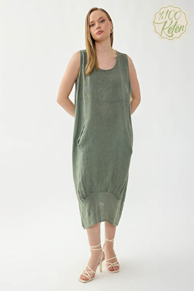 Vitrin 100% Linen Round Neck Zero Sleeve Dress with Pockets