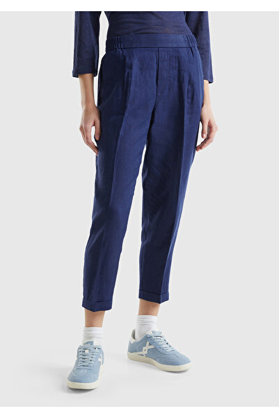 United Colors of Benetton Pantaloni de damă bleumarin 100% in, cu talie elastică