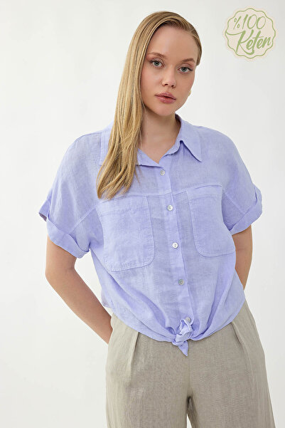 Vitrin 100% Linen Short Sleeve Shirt with Cover Pockets and Tie Front