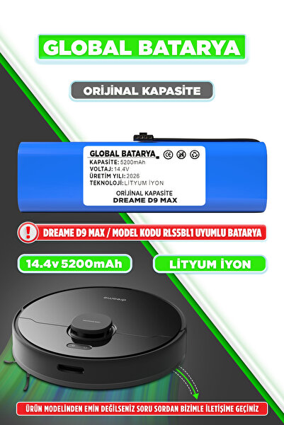 GLOBAL BATARYA Dreame D9 Max Uyumlu Akıllı Robot Süpürge Bataryası 14.4v 5200...