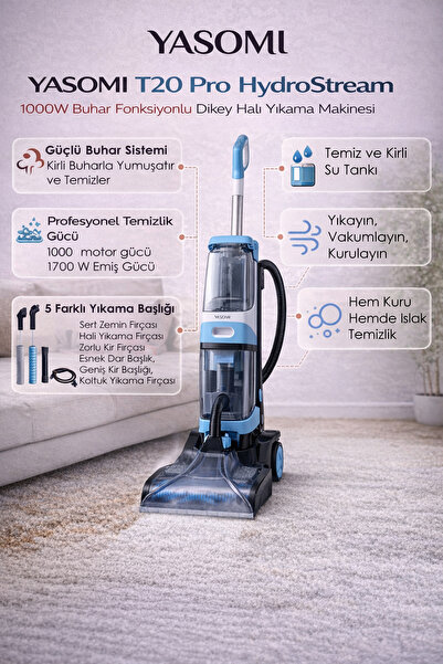 Yasomi T20 Pro HydroStream Buharlı Dikey Halı Yıkama Koltuk Yıkama ve Buharlı...