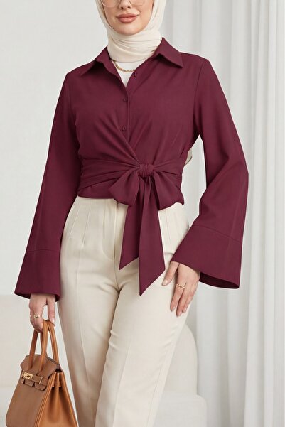 Modamorfo بلوزة قميص بولين إسباني بأكمام مربوطة عند الخصر - لون أحمر داكن