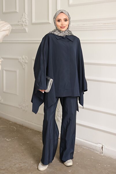 İmajButik Navy Blue Buttoned Trousers Poncho Set
