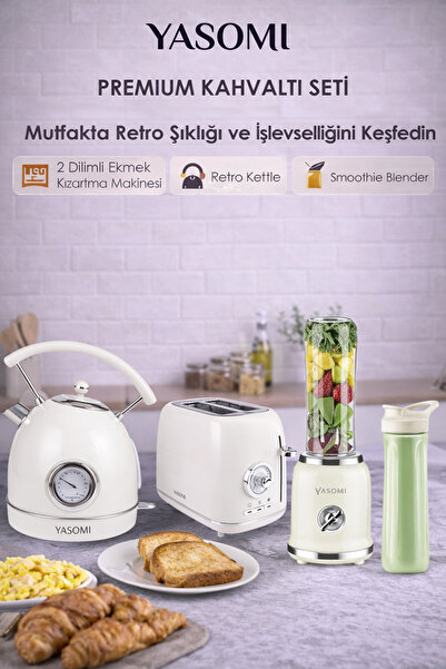 Yasomi Retro Kahvaltı Seti Su Isıtıcı Kettle + Smoothie Blender + Ekmek Kızar...
