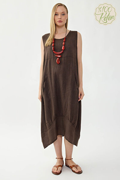 Vitrin 100% Linen Round Neck Zero Sleeve Dress with Pockets