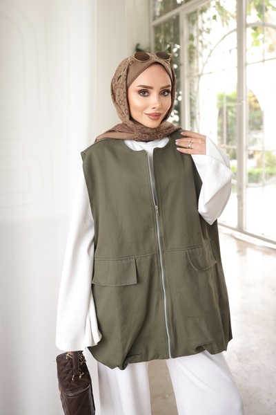 İmajButik لون كاكي بسحاب أمامي كبير الحجم قماش غبردين سترة