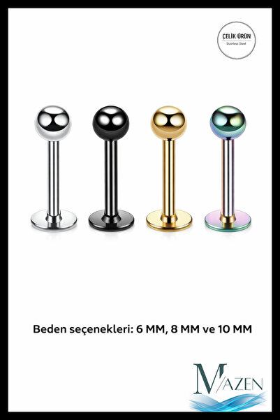 MAZEN 316l Cerrahi Çelik 4'lü Set Tek Top Tragus, Helix, Dudak Piercing 4 Far...