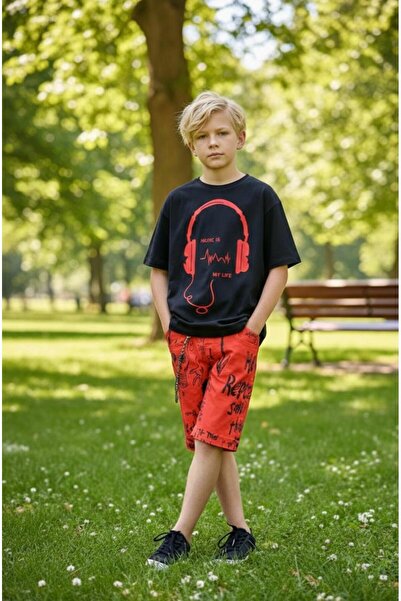 Hilal Akıncı Kids Boy's Headphone Printed Black T-Shirt with Chain and Text D...