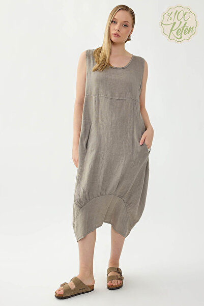 Vitrin 100% Linen Round Neck Zero Sleeve Dress with Pockets