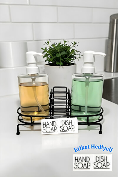 Kitchera Home Metal Standlı 2’li Cam Sıvı Sabunluk Seti Dekoratif Mutfak ve B...