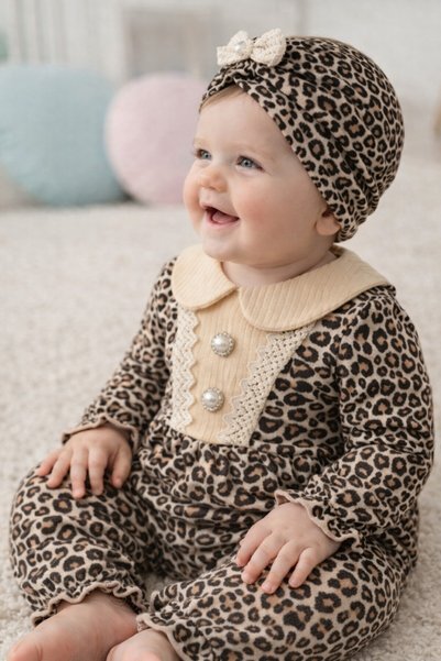 genybaby Leopard Seasonal Jumpsuit 2-Piece Combination with Bandana Gift