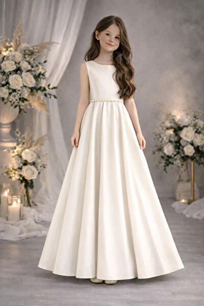 NSMLİFE Okrugli vrat Satin Flover Girl haljina sa biserom i lukom u struku