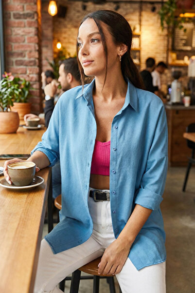 armonika Cămașă de bază lungă oversize albastru gheață pentru femei ARM-22Y00...