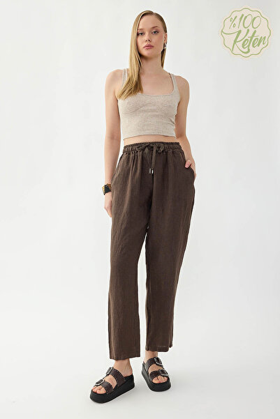 Vitrin 100% Linen Wide-Leg Trousers with Elastic Waist and Pockets