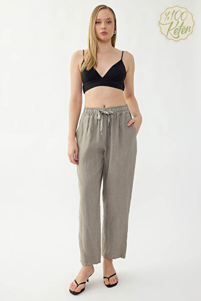 Vitrin 100% Linen Wide-Leg Trousers with Elastic Waist and Pockets