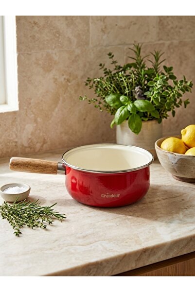 SAVAŞAN Emaye Ahşap Saplı Sosluk, Süt Tavası - 18cm - Kırmızı