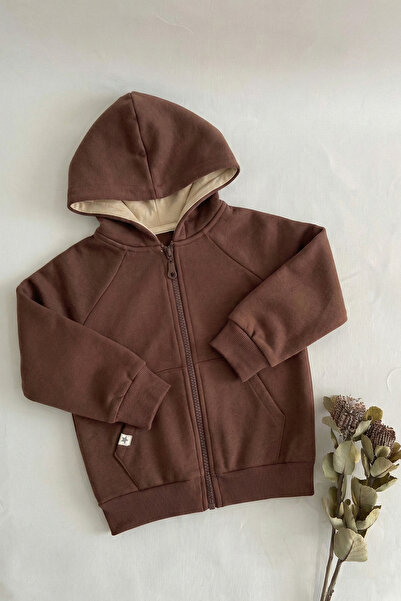 Cigit Coffee Hooded Zippered Cardigan for Ages 1-10
