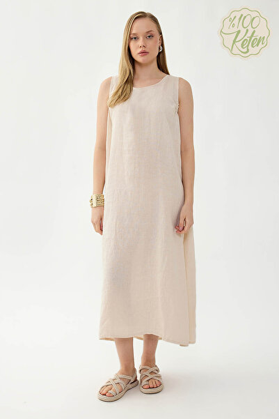 Vitrin 100% Linen Zero Sleeve Long Dress