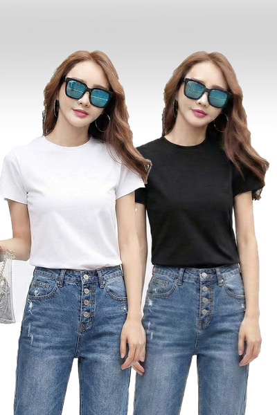 warn Pachet de 2 pentru femei guler rotund Slimfit tricou Negru-Alb elastic m...