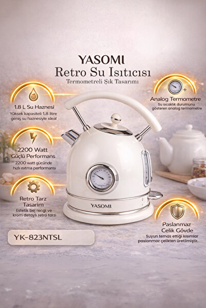 Yasomi YK-823NTSL 2200W 360° Döner Taban Kablosuz Kullanım Retro Su Isıtıcı K...