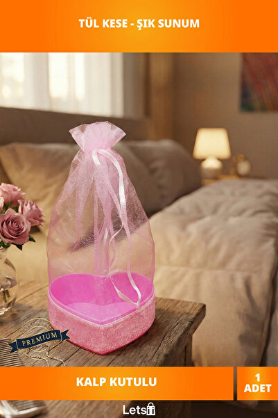 Letsii Pembe Kalpli Tül Kese ve Simli Kalp Kutusu