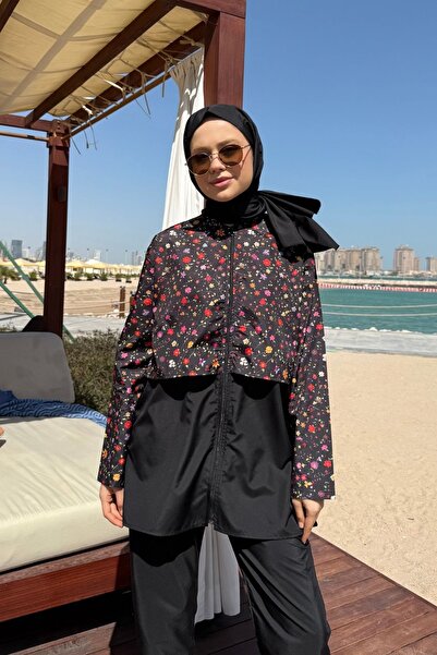 lurex moda Doha Paraşüt Kumaş 3'lü Tam Kapalı Tesettür Mayo