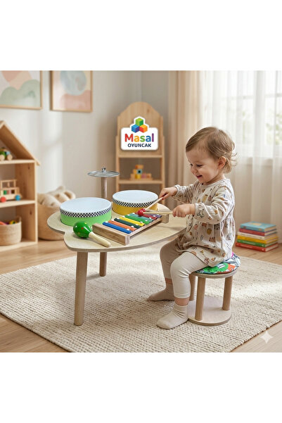 Masal Oyuncak Ahşap Müzik Masası Tabureli Minderli Bateri Seti
