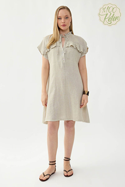 Vitrin 100% Linen Baby Collar Buttoned Short Sleeve Dress