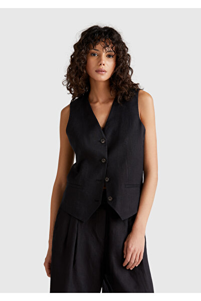 United Colors of Benetton Women's Black 100% Linen Front Button Buttoned V-Ne...