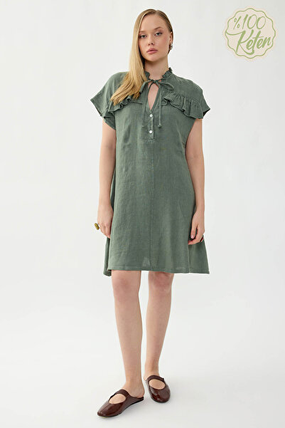 Vitrin 100% Linen Baby Collar Buttoned Short Sleeve Dress