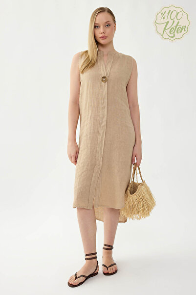 Vitrin 100% Linen Zero Sleeve Button Front Dress