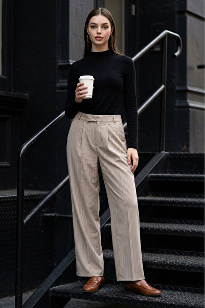 Madmext Beige Striped High Waist Pleated Women's Fabric Trousers Mg2641