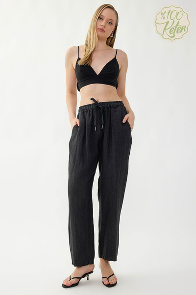 Vitrin 100% Linen Wide-Leg Trousers with Elastic Waist and Pockets