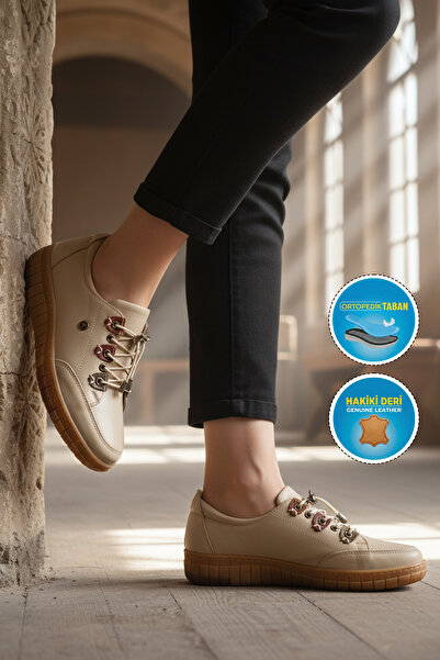 AYAKMOD 401 Z Bej Pantofi ortopedici casual pentru femei din piele naturală