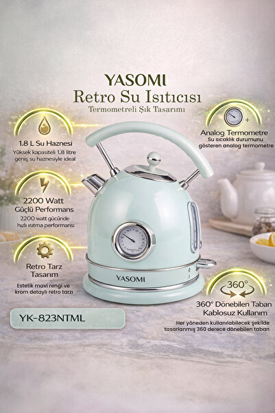 Yasomi YK-823NTSL 2200W 360° Döner Taban Kablosuz Kullanım Retro Su Isıtıcı K...