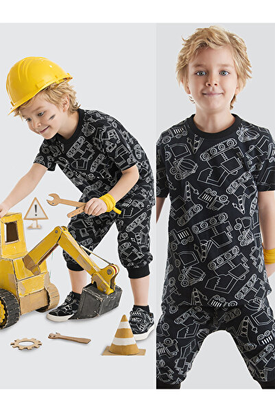 Denokids Αυτοκίνητο Αγόρι Μαύρο Καλοκαιρινό T-Shirt Σετ σορτς Capri
