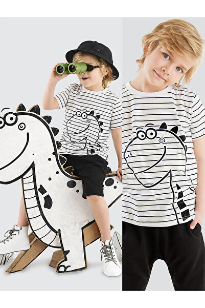 Denokids Χαριτωμένο Dino ριγέ αγορίστικο καλοκαιρινό μπλουζάκι Capri σορτς