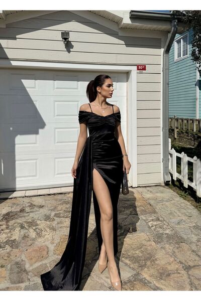 Mekafashion Βραδινό φόρεμα με γιακά με σχισμή με πέτρινο γιακά 582553 ΜΑΥΡΟ