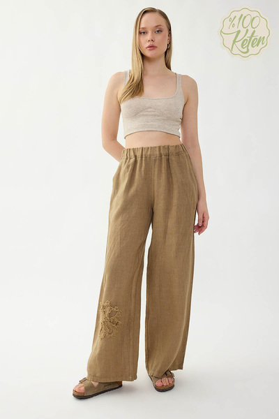 Vitrin 100% Linen Elastic Waist Floral Motif Pocket Trousers