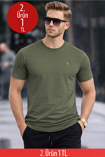 COMBİNE MİCHAİL Erkek Haki Slim Fit Bisiklet Yaka %100 Pamuk Kısa Kollu Pamuk...