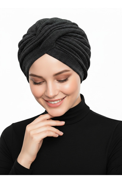 elysianfidan Çapraz Fukuro Simli Astarlı Siyah-gümüş Hazır Türban Tesettür Ab...