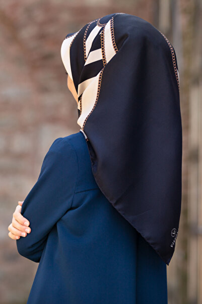 Vissona 100% Twill Silk Chain Line Pattern Navy Blue - Κρεμ Χρώμα 90x90 Φουλά...