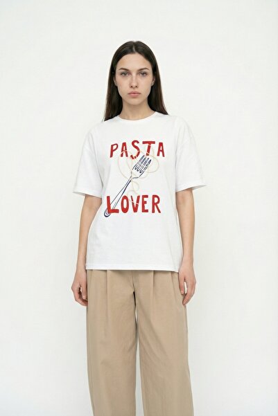 Quzu Tricou supradimensionat cu imprimeu Pasta Lover, alb