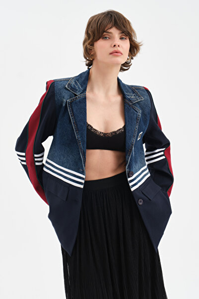 tw3 Kadın Denim Kumaş Garnili Şerit Detaylı Tasarım Blazer Ceket